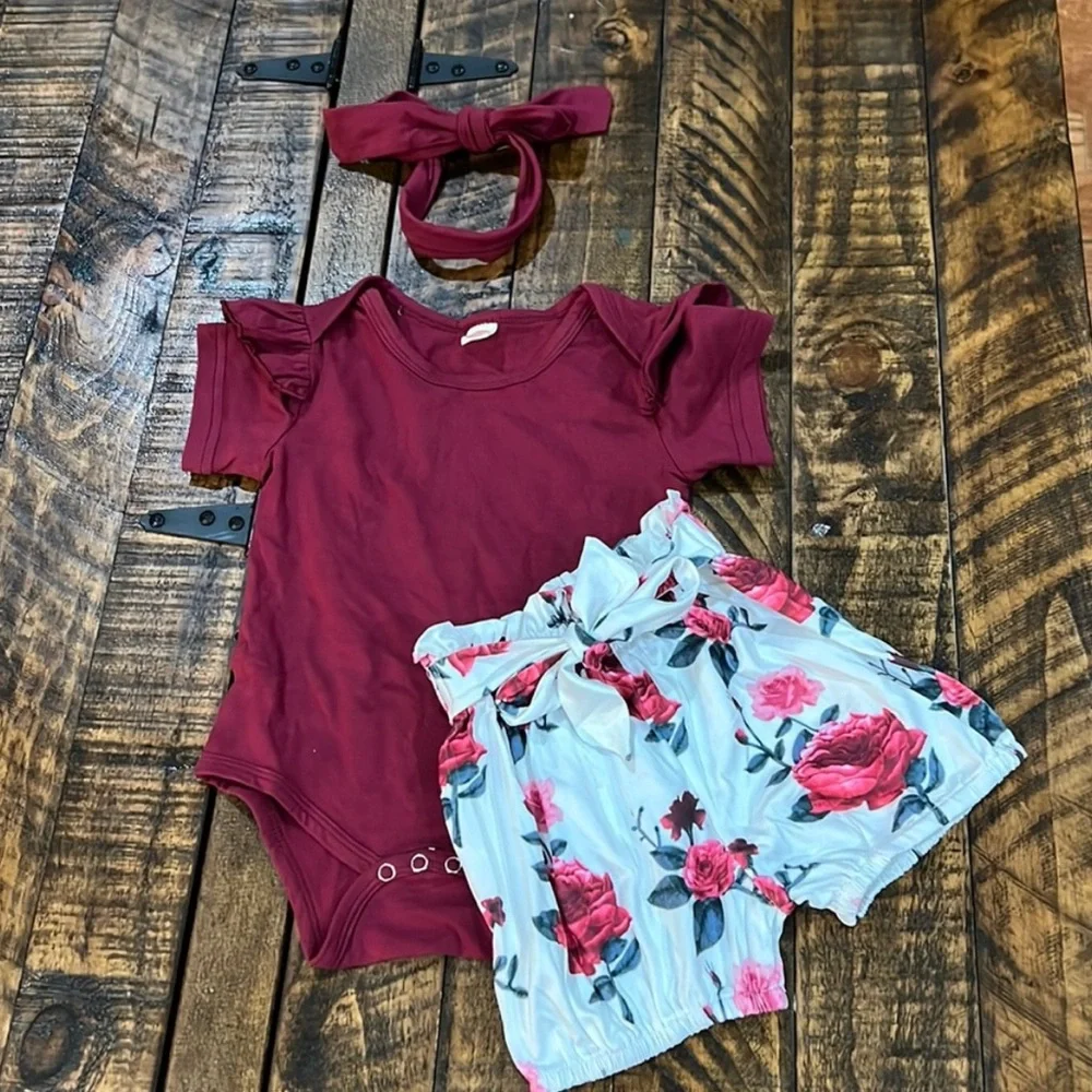 Floral Baby Outfit Set with Headband burgundy rose boutique